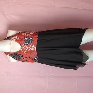 Black and Red Orange V Neck One Piece Halter Swimsuit with Sheer Skirt Overlay